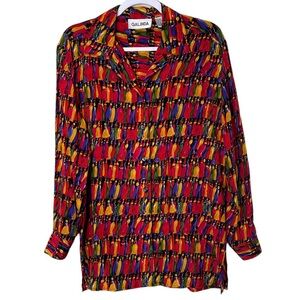 Galinda 100% Silk Button Down Tunic Colorful Tassel Print Long Sleeve Size XL